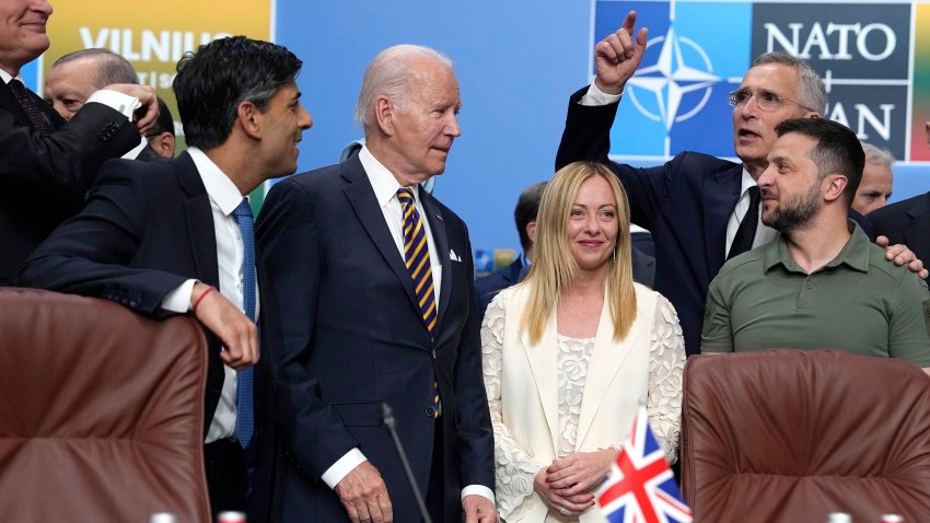 FILE – From left, Lithuania’s President Gitanas Nauseda, British Prime Minister Rishi Sunak, President Joe Biden, Italy’s Prime Minister Giorgia Meloni, NATO Secretary General Jens Stoltenberg and Ukraine’s President Volodymyr Zelenskyy pose during a meeting of the NATO-Ukraine Council during a NATO summit in Vilnius, Lithuania, July 12, 2023.