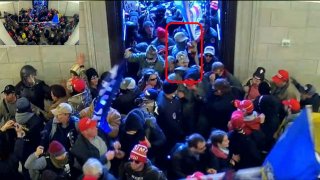 This image from U.S. Capitol Police security video and contained in the government’s sentencing memorandum for Tyler Bradley Dykes, marked in red by source, shows him in the U.S. Capitol on Jan. 6, 2021, in Washington.