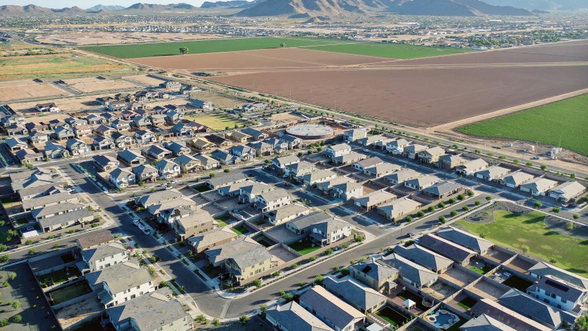 File.  An aerial view of new home construction at a housing development in the Phoenix suburbs on June 9, 2023 in Queen Creek, Arizona.