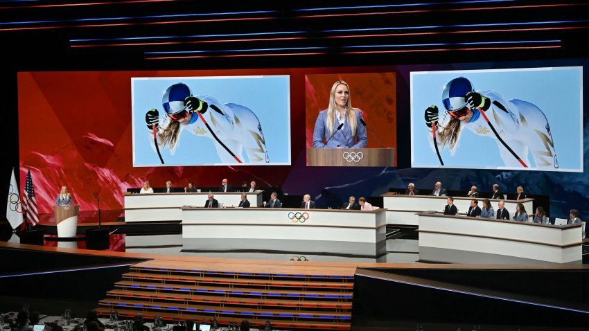 US former alpine skiing champion Lindsey Vonn speaks during the Salt Lake City bid for the 2034 Winter Games during the 142nd session of the International Olympic Committee (IOC) in Paris on July 24, 2024, ahead of the Paris 2024 Olympic Games. (Photo by Fabrice COFFRINI / AFP) (Photo by FABRICE COFFRINI/AFP via Getty Images)