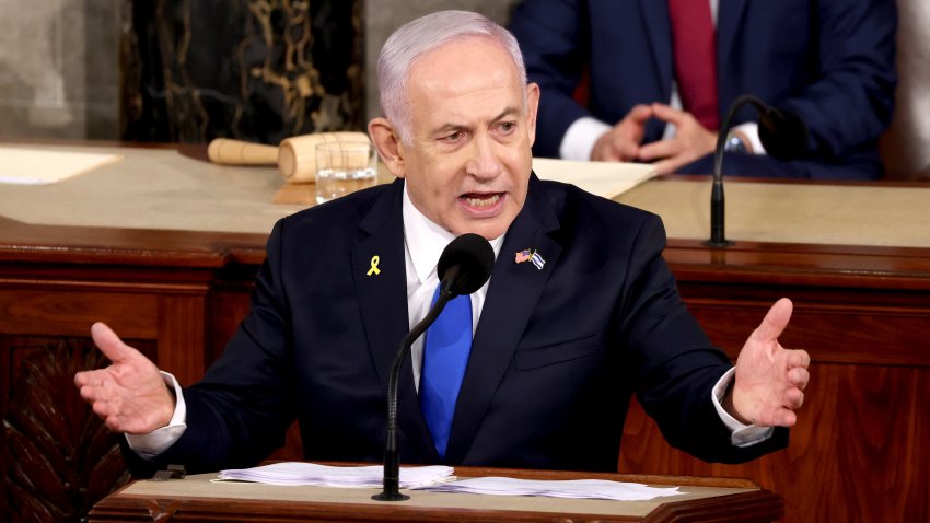 Benjamin Netanyahu, Israel's prime minister, speaks during a joint meeting of Congress at the US Capitol in Washington, DC, US, on Wednesday, July 24, 2024.