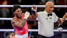 Paris , France - 31 July 2024; Jahmal Harvey of Team USA, left, celebrates winning against Luiz Gabriel Oliveira of Team Brazil in their men's 57kg preliminary round of 16 bout at the North Paris Arena during the 2024 Paris Summer Olympic Games in Paris, France. (Photo By David Fitzgerald/Sportsfile via Getty Images)