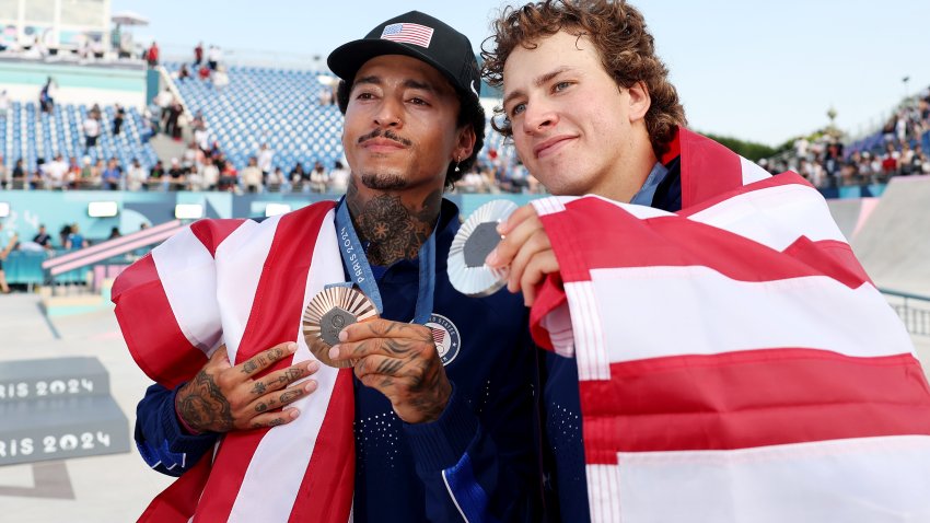 PARIS, FRANCE – JULY 29: Silver medalist Jagger Eaton of Team United States (R) and Bronze medalist Nyjah Huston of Team United States (L) pose on the podium uring the Men’s Street Finals on day three of the Olympic Games Paris 2024 at Place de la Concorde on July 29, 2024 in Paris, France. (Photo by Cameron Spencer/Getty Images)