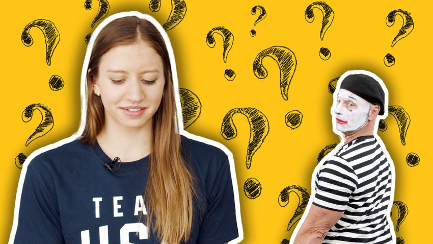 Kate Douglass tries to guess what Olympic sport a professional mime is acting out