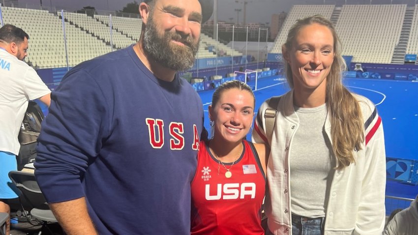 Jason Kelce with Ashley Sessa, middle, and his wife Kylie Kelce. Sessa and the Team USA women’s rugby team won bronze in Paris, the first medal in American history for women’s rugby.