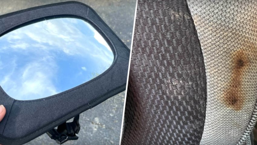 (Left) Car seat mirror; (Right) Scorched car seat.