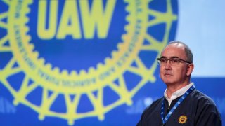 UAW President Shawn Fain chairs the 2023 Special Elections Collective Bargaining Convention in Detroit, Michigan, U.S., March 27, 2023. 