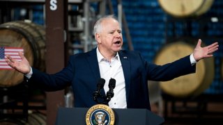 Minnesota Governor Tim Walz speaks about funding for the I-535 Blatnik Bridge before a visit by U.S. President Joe Biden at Earth Rider Brewery on January 25, 2024 in Superior, Wisconsin.