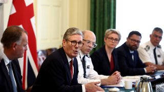 Britain’s Prime Minister Keir Starmer, second left, holds a meeting at 10 Downing street in London, England, Thursday, August 1, 2024 to discuss clashes following the Southport stabbing.