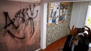 Graffiti covers the wall inside the election campaign headquarters of opposition leader Maria Corina Machado and presidential candidate Edmundo Gonzalez the day after it was ransacked overnight in Caracas, Venezuela, Friday, Aug. 2, 2024.