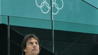 Tom Cruise attends the artistic gymnastics women’s qualification during the Paris 2024 Olympic Games at the Bercy Arena in Paris, on July 28, 2024.