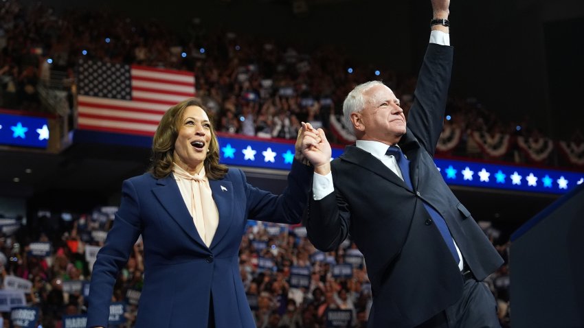 PHILADELPHIA, PENNSYLVANIA – AUGUST 6: Democratic presidential candidate, U.S. Vice President Kamala Harris and Democratic vice presidential candidate Minnesota Gov. Tim Walz greet supporters during a campaign event at Girard College on August 6, 2024 in Philadelphia, Pennsylvania. Harris ended weeks of speculation about who her running mate would be, selecting the 60-year-old midwestern governor over other candidates. (Photo by Andrew Harnik/Getty Images)