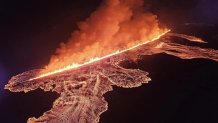 An aerial view of Iceland's Reykjanes Peninsula volcanic eruption.