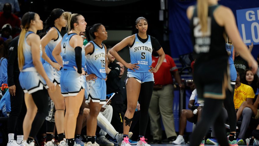 Jul 13, 2024; Chicago, Illinois, USA; Chicago Sky forward Angel Reese (5) looks on during the second half of a WNBA game against the New York Liberty at Wintrust Arena. Mandatory Credit: Kamil Krzaczynski-USA TODAY Sports