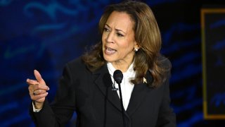 US Vice President and Democratic presidential candidate Kamala Harris speaks during a presidential debate with former US President and Republican presidential candidate Donald Trump at the National Constitution Center in Philadelphia, Pennsylvania, on September 10, 2024.