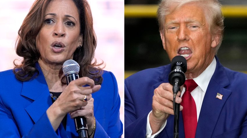 In this combination of photos taken in Pennsylvania, Democratic presidential nominee Vice President Kamala Harris speaks at a campaign event, Aug. 18, 2024, in Rochester, left, and Republican presidential nominee former President Donald Trump speaks during a campaign event, Aug. 19, 2024, in York.