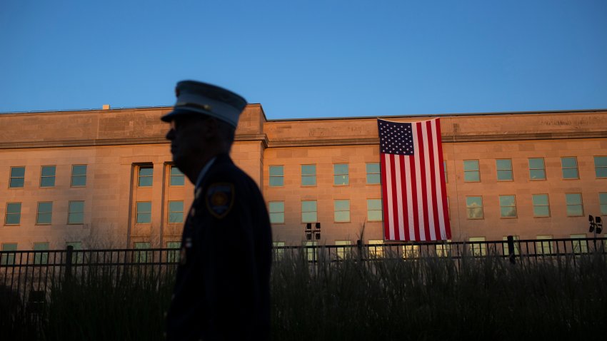 ARLINGTON, VIRGINIA, UNITED STATES – 2023/09/11: An American flag hangs from the side of the Pentagon to commemorate the 22nd anniversary of the 9/11 attacks. The nation is marking the 22nd anniversary of the terror attacks of September 11, 2001, when the terrorist group al-Qaeda flew hijacked airplanes into the World Trade Center, Shanksville, PA and the Pentagon, killing nearly 3,000 people. (Photo by Probal Rashid/LightRocket via Getty Images)