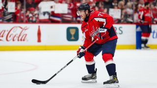 T.J. Oshie #77 of the Washington Capitals skates with the puck before Game Four of the First Round of the 2024 Stanley Cup Playoffs against the New York Rangers at Capital One Arena on April 28, 2024 in Washington, DC. (Photo by Scott Taetsch/Getty Images)