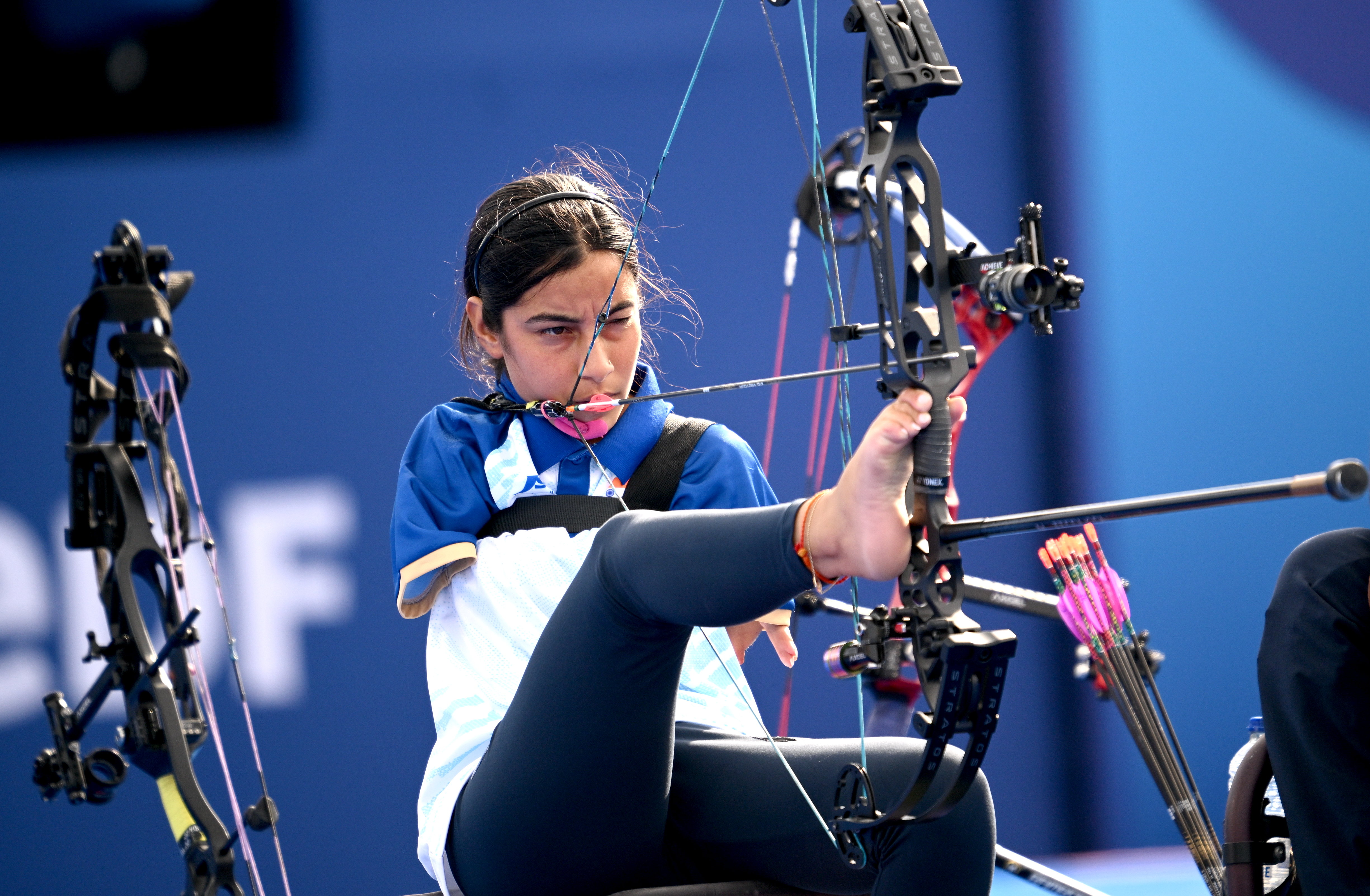 Sheetal Devi of India during the Mixed Team Compound Open Quarterfinal Match between India and Indonesia on Day 5 of the 2024 Paris Paralympic Games at Esplanade Des Invalides in Paris, France.