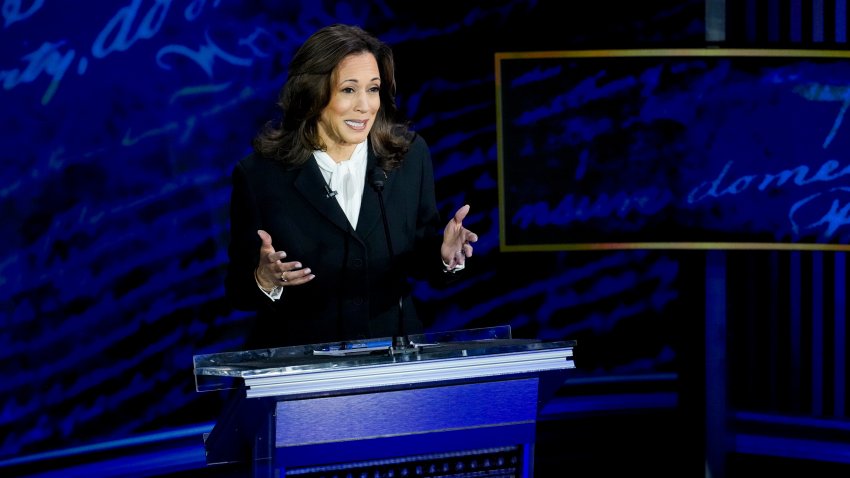 Vice President Kamala Harris speaks during the second presidential debate at the Pennsylvania Convention Center in Philadelphia, Pennsylvania, US, on Tuesday, Sept. 10, 2024.