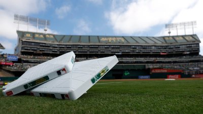 A detail shot of bases is seen on the field prior to the game between the Texas Rangers and the Oakland Athletics.