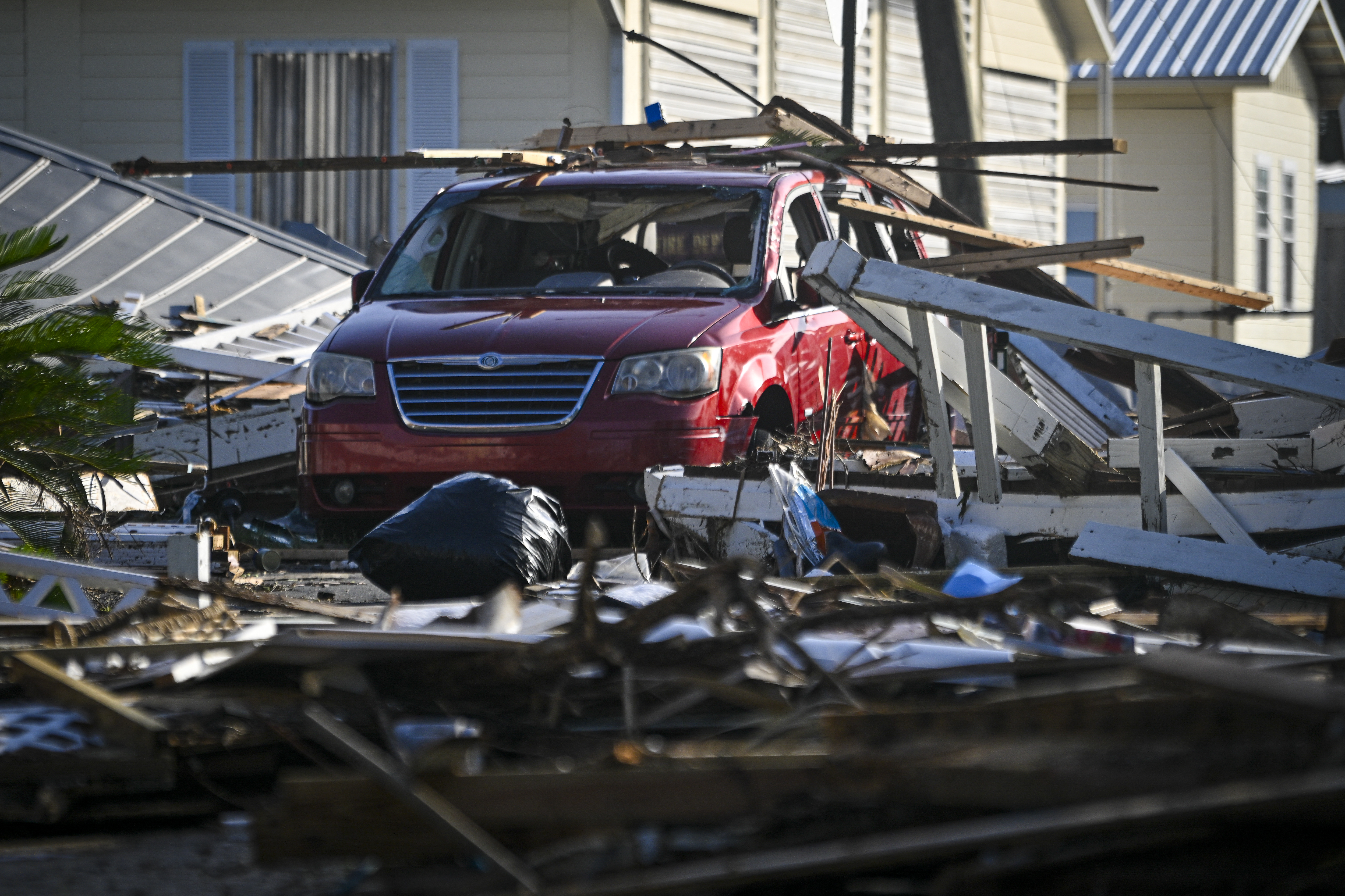 Debris left by Hurricane Helene after making landfall are seen in Cedar Key, Florida, on September 27, 2024.