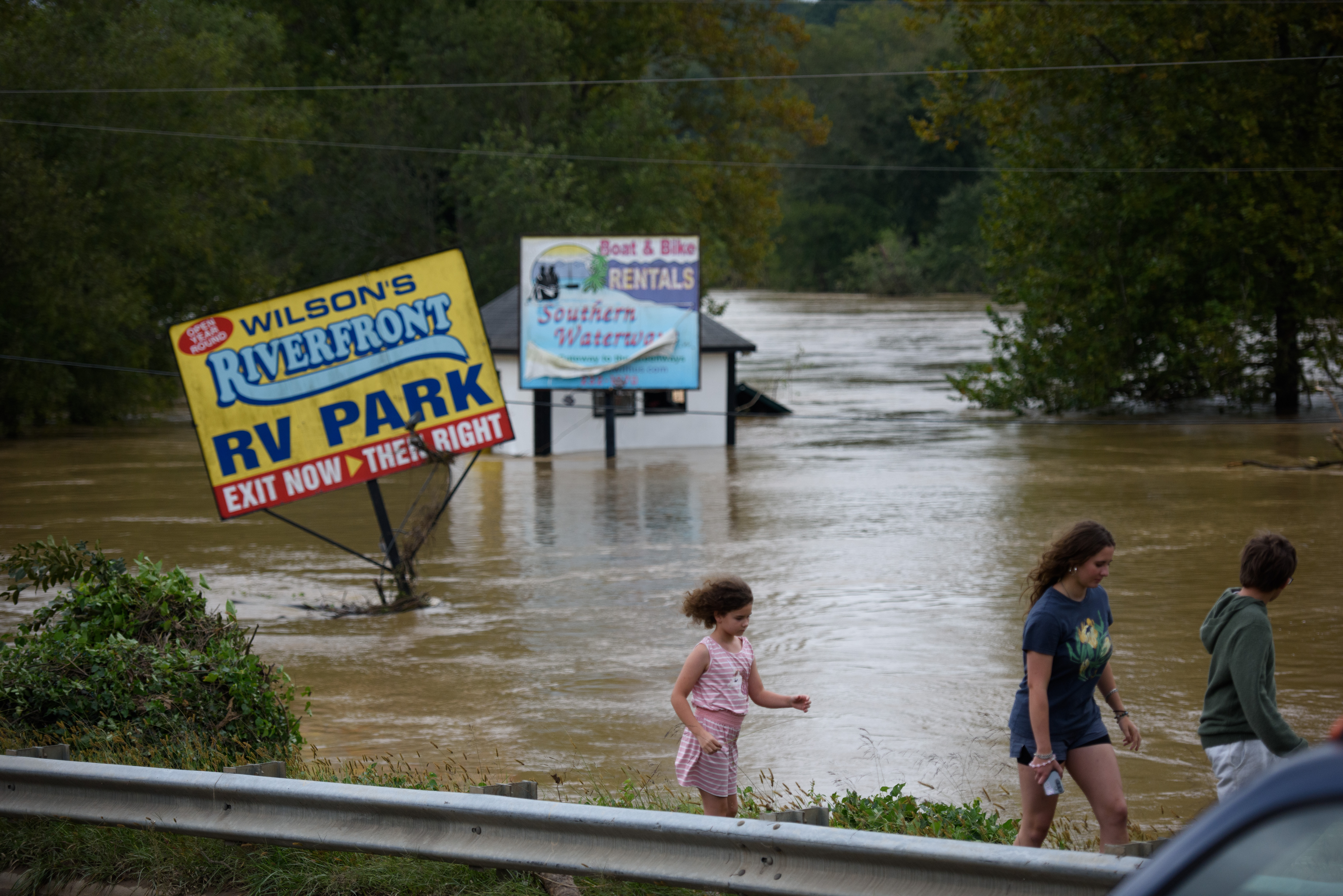 Heavy rains from hurricane Helene caused record flooding and damage on September 28, 2024 in  Asheville, North Carolina.