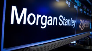 A screen displays the trading information for Morgan Stanley on the floor of the New York Stock Exchange (NYSE), January 19, 2022.