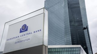 A sign for the European Central Bank (ECB) outside the bank’s headquarters in Frankfurt, Germany, on Thursday, Feb. 2, 2023.