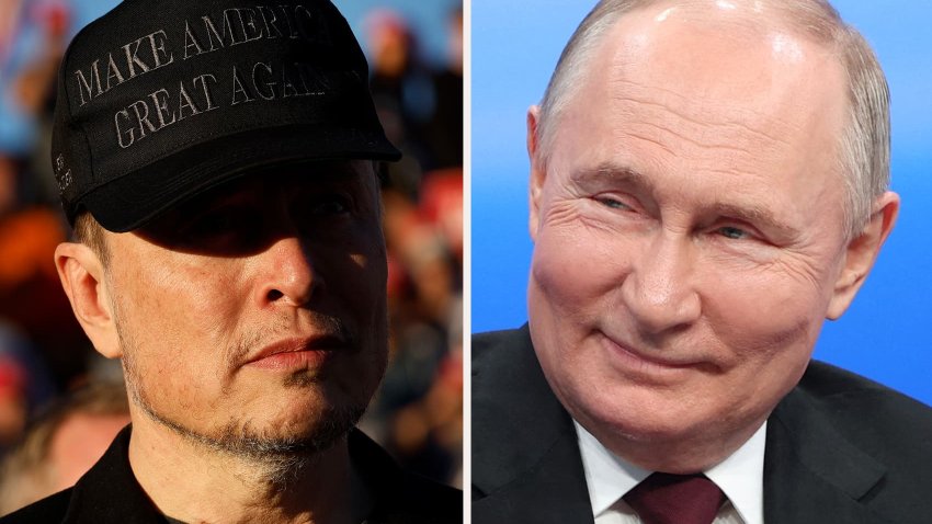 Elon Musk wears a black “Make America Great Again” cap while attending a campaign rally with Republican presidential nominee and former President Donald Trump at the Butler Farm Show fairgrounds in Butler, Pennsylvania, on Oct. 5, 2024 (L), and Russian President and presidential candidate Vladimir Putin visits his campaign headquarters in Moscow on March 18, 2024.