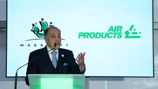 Seifi Ghasemi, president and chief executive officer of Air Products, speaks during a press event to announce the construction of a green energy import terminal at the Oiltanking Deutschland GmbH tank terminal site in the port. 