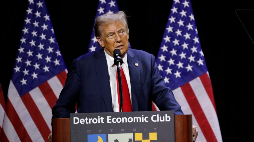 Republican presidential nominee, former U.S. President Donald Trump, speaks at the Detroit Economic Club on October 10, 2024 in Detroit, Michigan. 