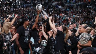 The New York Liberty celebrate after wining the 2024 WNBA Championship against the Minnesota Lynx during Game 5 of the 2024 WNBA Finals on October 20, 2024 at Barclays Center in Brooklyn, New York.