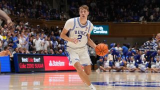 Cooper Flagg, #2 of the Duke Blue Devils, moves the ball against the Arizona State Sun Devils during the game at Cameron Indoor Stadium in Durham, North Carolina, on Oct. 27, 2024.