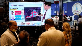 FILE - Supporters of Democrat Terry McAuliffe watch vote reports at an election party in McLean, Va., Tuesday, Nov. 2, 2021.