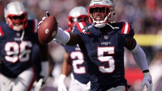 FOXBOROUGH, MASSACHUSETTS – OCTOBER 22: Jabrill Peppers #5 of the New England Patriots celebrates after intercepting the ball in the first quarter of the game against the Buffalo Bills at Gillette Stadium on October 22, 2023 in Foxborough, Massachusetts. (Photo by Maddie Meyer/Getty Images)