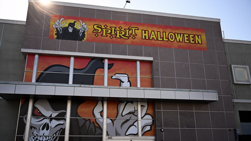 The “Jack The Reaper” logo displayed in the windows of a Spirit Halloween seasonal holiday store in the location of a closed former Bed Bath and Beyond retail store on August 26, 2024 in Los Angeles, California. The Spirit banner logo has spread as an internet meme of the retail apocalypse at shopping centers and strip malls across the United States. (Photo by Patrick T. Fallon / AFP) (Photo by PATRICK T. FALLON/AFP via Getty Images)