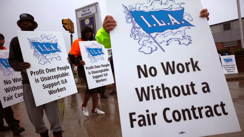 BALTIMORE, MARYLAND – OCTOBER 01: Longshoremen with the International Longshoremen’s Association (ILA) and their supporters picket outside of the Dundalk Marine Terminal at the Port of Baltimore on October 01, 2024 in Baltimore, Maryland. Dockworkers at 14 major ports on the East Coast and Gulf region have walked off the job after the ILA failed to reach a contract agreement with port ownership. This is the union’s first strike since 1977 and is expected to cost up the economy between $3.8 billion to $4.5 billion per day, according to J.P. Morgan. (Photo by Kevin Dietsch/Getty Images)