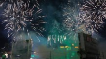 LAS VEGAS, NEVADA - OCTOBER 09: A 555-drone and fireworks display by Fireworks by Grucci precedes the implosion of the 23-story Paradise (L) and Club hotel towers of the Tropicana Las Vegas on October 09, 2024 in Las Vegas, Nevada. The hotel-casino opened in 1957 and closed permanently in April 2024 to make way for a planned USD 1.5 billion, 33,000-seat domed stadium for Major League Baseball's Oakland Athletics and a related resort development by Bally's Corp. and Gaming and Leisure Properties Inc. MLB owners approved the team's relocation to Nevada in November 2023, and the A's hope to move into the ballpark, which will occupy nine acres of the 35-acre site, in 2028. (Photo by Ethan Miller/Getty Images)