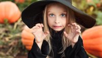 Cute little girl dressed as a witch for Halloween doing scary face next to pumpkins.