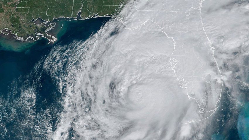 This GOES-16 GeoColor satellite image taken at 11:46 a.m. ET and provided by National Oceanic and Atmospheric Administration (NOAA) shows Hurricane Milton in the Gulf of Mexico off the coast of Florida, Wednesday, Oct. 9, 2024.