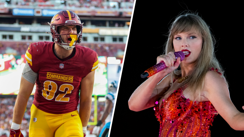 Left: Ben Sinnott #82 of the Washington Commanders celebrates after scoring a touchdown against the Carolina Panthers during the third quarter at Northwest Stadium on October 20, 2024 in Landover, Maryland. Right: File photo of Taylor Swift performing during “The Eras Tour.”