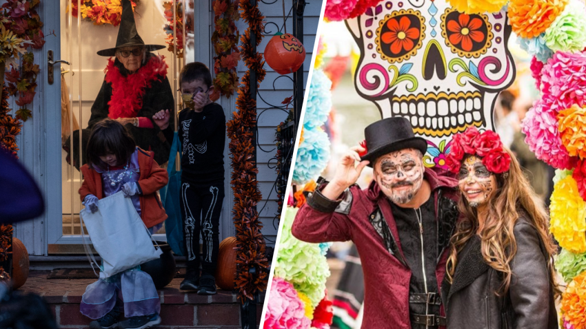 Trick-or-treaters in the D.C. area (left) and Celebración Día de los Muertos at The Wharf.