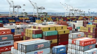 In an aerial view, shipping containers at the Port of Oakland on July 21, 2022 in Oakland, California.