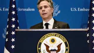 US Secretary of State Antony Blinken addresses a press conference in Tel Aviv on January 9, 2024, during his week-long trip aimed at calming tensions across the Middle East, amid continuing battles between Israel and the Palestinian militant group Hamas in Gaza.