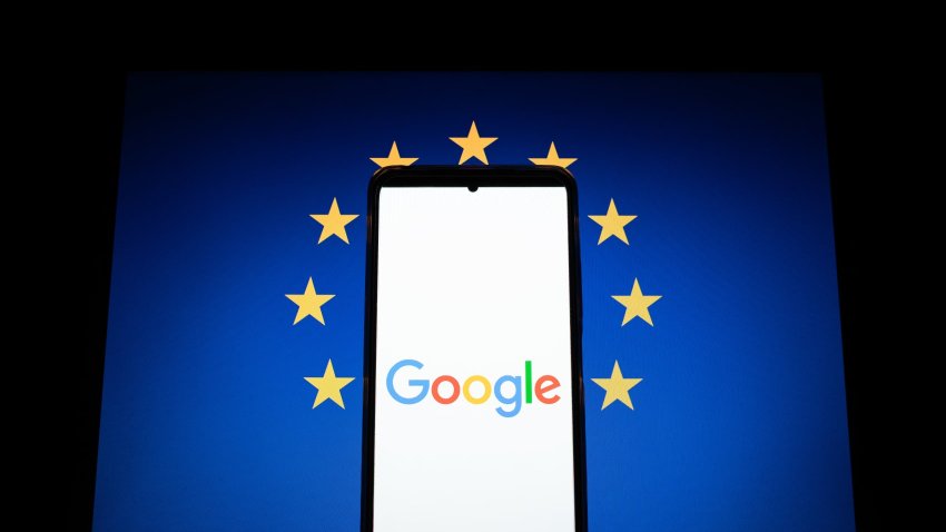 A Google logo displays on a smartphone screen and the European flag on a computer screen.