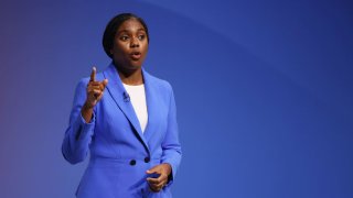 Conservative leadership contender Kemi Badenoch delivers a speech on the final day of Conservative party conference at Birmingham ICC Arena on October 2, 2024 in Birmingham, England. 