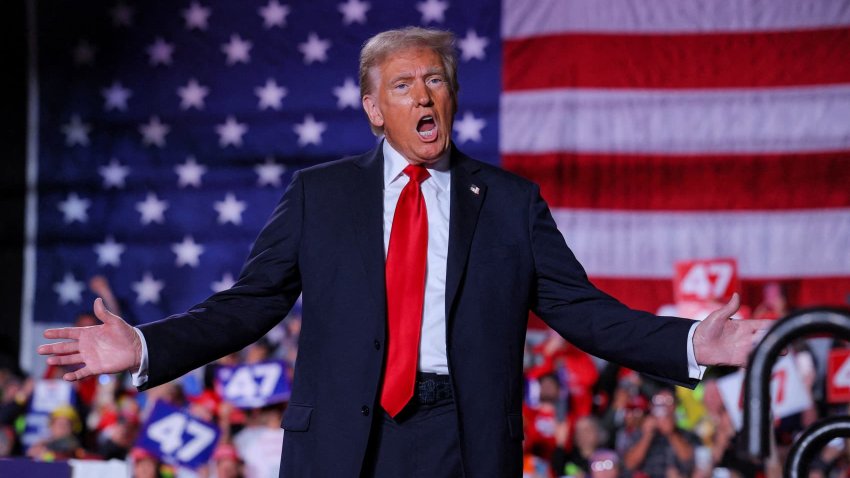 Republican presidential nominee and former U.S. President Donald Trump attends his campaign rally at Macomb Community College in Warren, Michigan, U.S., November 1, 2024.