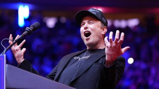 Elon Musk on stage before Republican presidential nominee former President Donald Trump speaks at a rally at Madison Square Garden in New York, NY on Sunday, October 27, 2024.