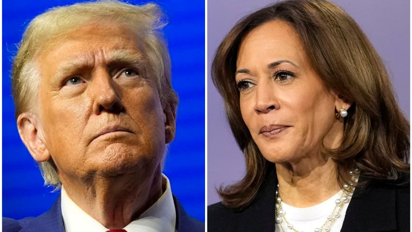 This combination of images shows Republican presidential nominee former President Donald Trump and Democratic presidential nominee Vice President Kamala Harris at separate campaign events Wednesday, Oct. 23, 2024, in Duluth, Ga., and Aston, Pa., respectively.